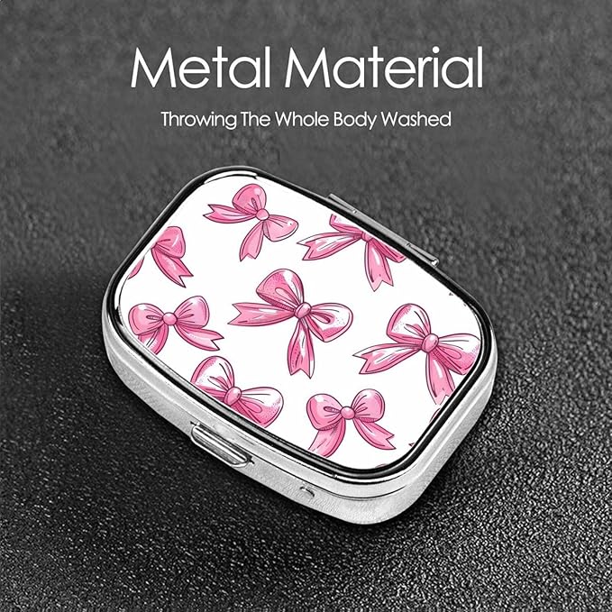 Funny Bow Pill Box with Mirror 2 Compartment Metal Square Small Pill Case for Purse or Pocket Portable Pill Container Holder Travel Medicine Organizer for Vitamin Fish Oil Supplement