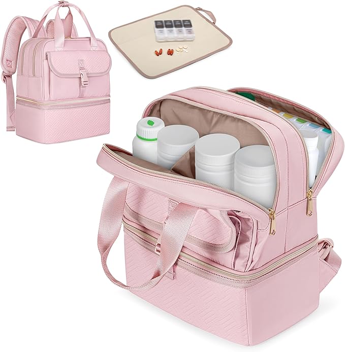 Fasrom Medicine Travel Bag Backpack with Insulated Compartment & Waterproof Mat, Double Layer Pill Bottle Organizer for Prescription, Vitamins and Medical Supplies, Pink (Empty Bag Only)
