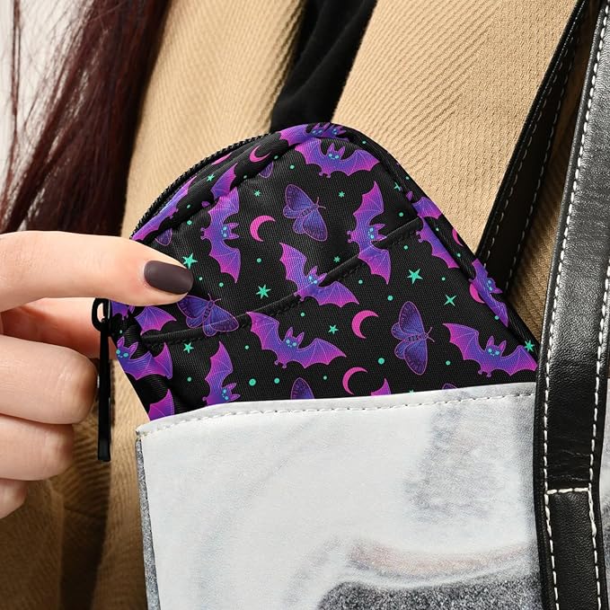 Travel Pill Organizer Bag Weekly Pill Organizer Case Goth Purple Bat Gothic Portable Small Daily Pill Boxes for Vitamin Fish Oils Supplement Holder with Zipper Compact Size