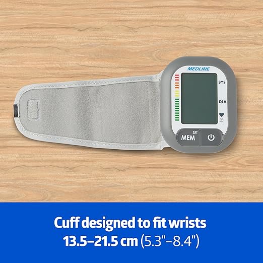 Medline Digital Wrist Blood Pressure Monitor, Wearable, Digital LCD Display, Stores Up To 60 Readings, Batteries Included