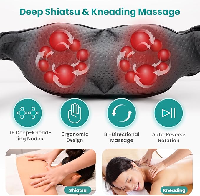 Nekteck Shiatsu Neck Massager with Heat for Pain Relief Deep Tissue, 2026 Upgraded 3D Back Shoulder Kneading Massage Pillow, Body Muscle Relaxation Tools Gifts for Him Her, Blue (NOT Cordless)