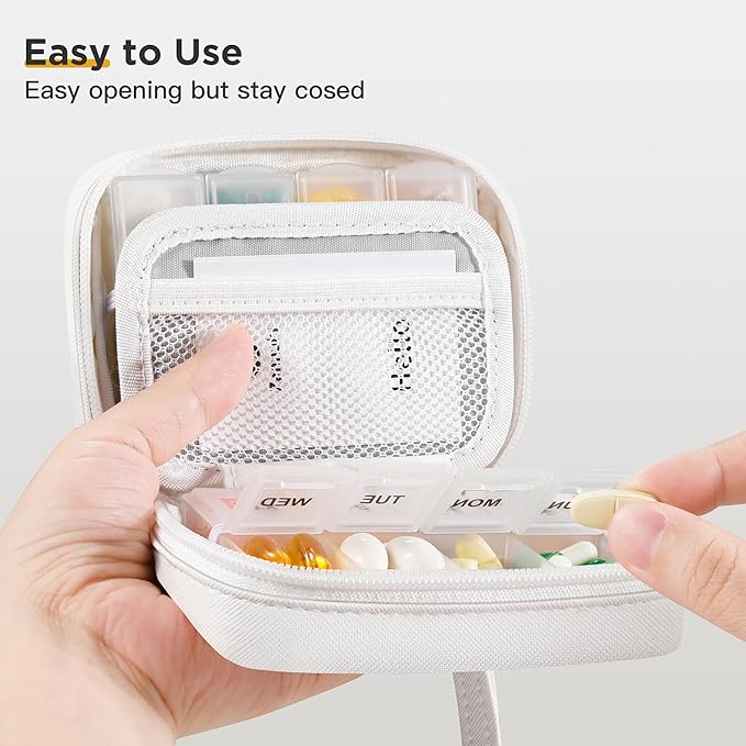Zannaki Cute Pill Organizer for Purse with Two Removable 7-Day Pill Box, Travel PU Leather Pill Case, Portable Weekly Pill Container with Storage Bag to Hold Vitamins, Fish Oils, Supplements (White)
