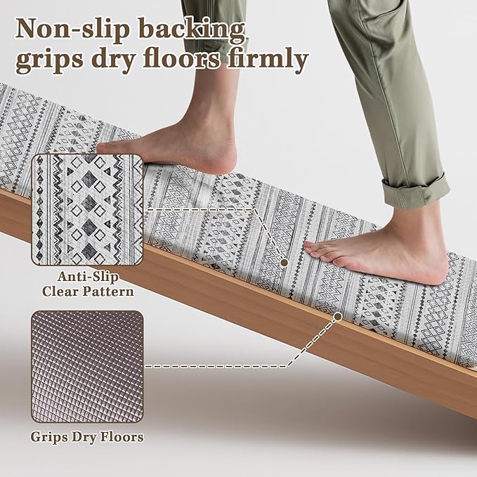 Arttown Moroccan Anti Fatigue Mats for Kitchen Floor, Boho Kitchen Mats Cushioned Anti Fatigue Rug, Waterproof Non-Slip Washable Kitchen Rugs - Grey