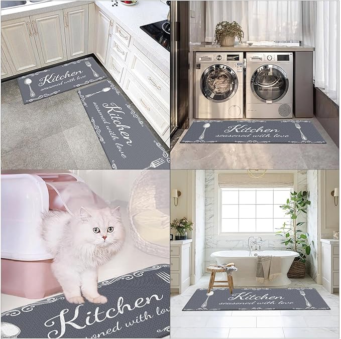 Arttown Grey Farmhouse Anti-Fatigue Kitchen Rug Set of 2 Knife Fork Rustic Vintage Cushioned Floor Standing Mat Waterproof Non-Slip Kitchen Mat and PVC Ergonomic Comfort Foam Rug