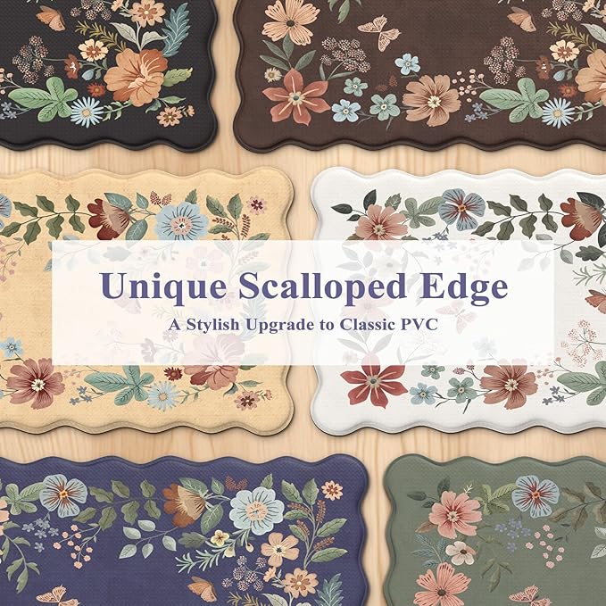 Collive Anti Fatigue Mats for Kitchen Floor, Scalloped Waterproof Kitchen Rugs Sets of 2 Non Skid Floral Desk Rug, Comfort Memory Foam Standing Mat for Office, Sink, Laundry, Blue