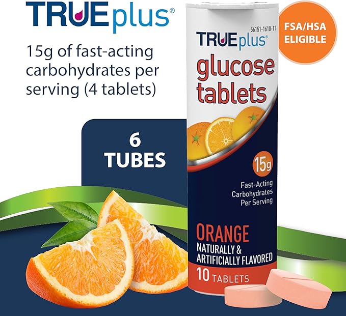 TRUEplus Glucose Tablets, Orange Flavor - 6X 10ct Tubes (Pack of 2)
