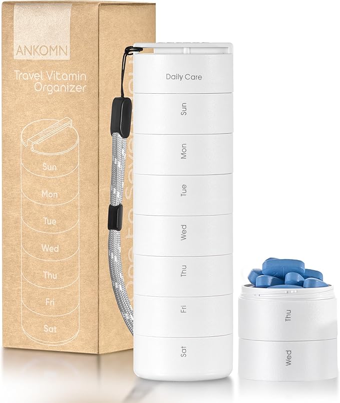 Ankomn 7 Day Travel Pill Organizer - IPX7 Rating Waterproof, Airtight & Portable Pill Case for Vitamins - Durable Weekly Supplement Case with Stackable Compartments for Outdoor Use - White