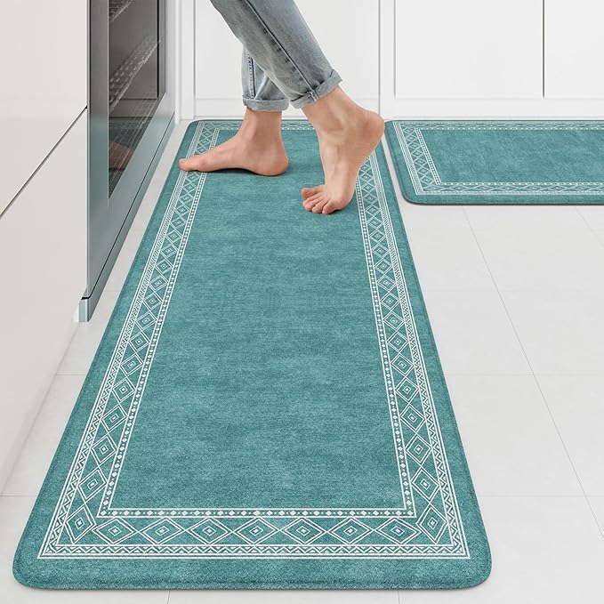 KIMODE Anti Fatigue Kitchen Mats 17"x47"+17"x29", Farmhouse Memory Foam Kitchen Floor Mats Non Slip, Turquoise Kitchen Mats for Floor, Waterproof Standing Mats for Laundry Office Sink Desk