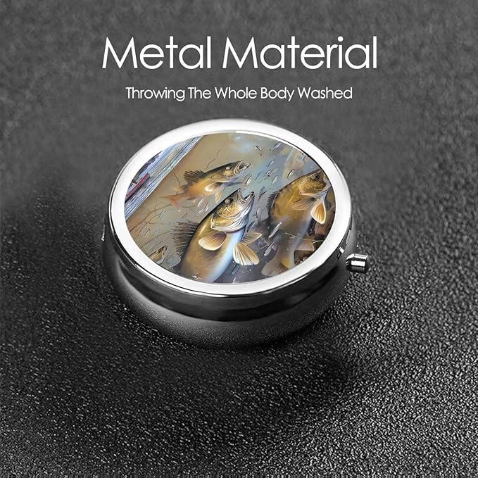 Fishing Lake Fishermen Printed Round Travel Pill Box Cute Small Metal Pocket Pill Case for Men & Women 3 Compartment Portable Pill Organizer for Purse or Pocket