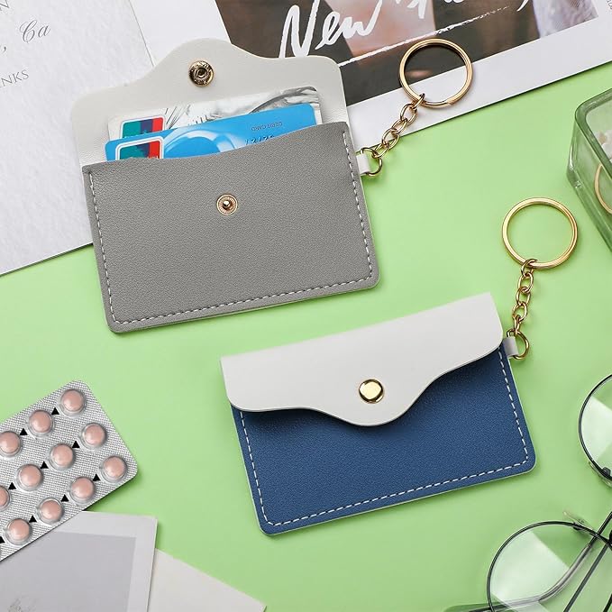 Tondiamo 2 Pack Birth Control Pill Case Holder PU Leather Pill Sleeve Packet 4.33 x 3 Inch Discreet Birth Control Pouch with Snap Closure Key Ring for Pills Card Organizer(Dark Gray, Gray Blue)