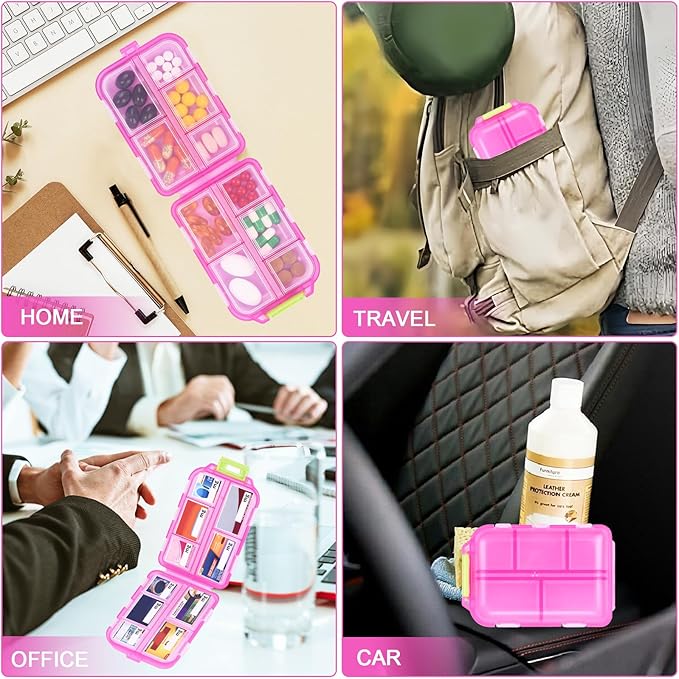 Travel Pill Box with 189 Medicine Labels, 10 Compartments Travel Medicine Organizer Medicine Pill Organizer Mini Travel Essentials Pill Organizer with Stickers (Pink, 1 Pack)