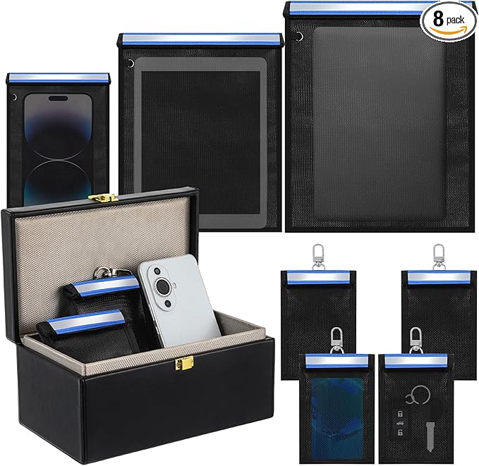 8 Pack 1 Pcs Large Faraday Box with 7 Pcs Faraday Bags(L, M and S) for Car Keys, Laptops, Tablets, Phones, Fireproof and Waterproof Key Protector for Car Security(Blue)
