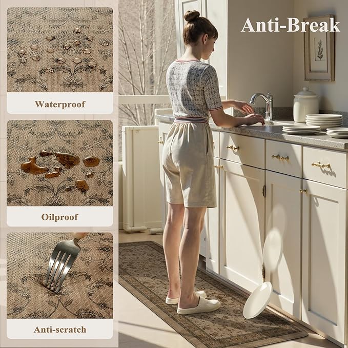 KIMODE Comfort Kitchen Floor Mats Cushioned Anti Fatigue,Boho Farmhouse Rugs for Floor Sets of 2,Memory Foam Ergonomic Kitchen Mat Non Slip for Laundry Office Bathroom Decor,Brown
