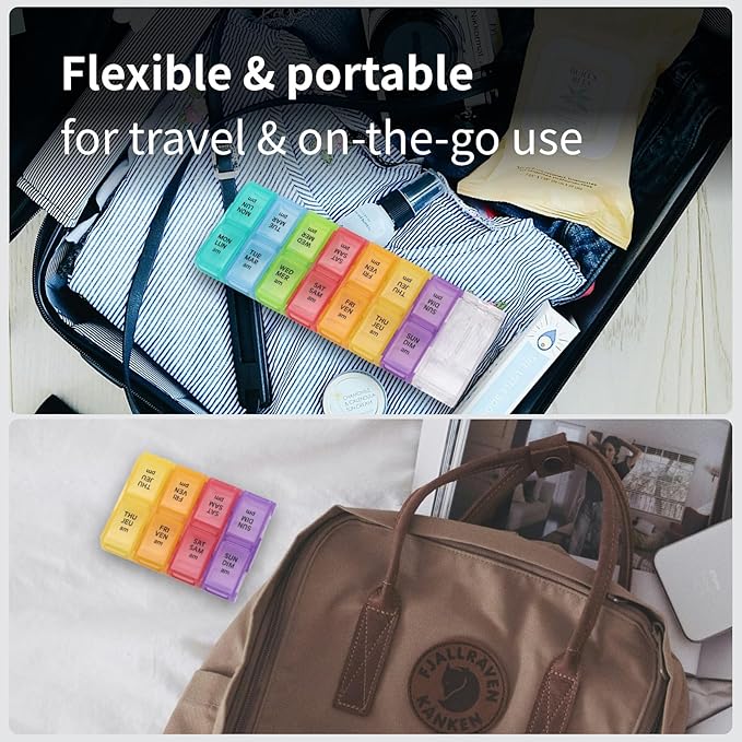 7-Day AM/PM Pill Organizer, Built-in Pill Cutter, Detachable Small Daily Pods, Portable Travel Case, Purse-Friendly, Rainbow Color