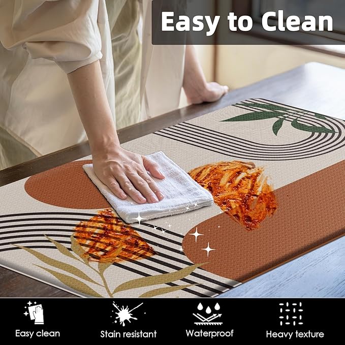 Kitchen Mats for Floor 2 PCS, Anti Fatigue Mat Set, Boho Cushioned Non Slip Waterproof Kitchen Rugs, Wipe Clean PVC Leather Runner for Sink, Laundry, Office, Kitchen Decor 17"x47"+17"x29", Brown