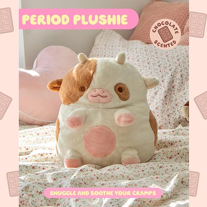 Heatable Scented Cow Plush for Period Cramp Relief & Emotional Support, Microwavable Soft Toy Plushies, Coolable Stuffed Animal for Anxiety, Cute Heating Pad for Pain Relief (Chocolate)