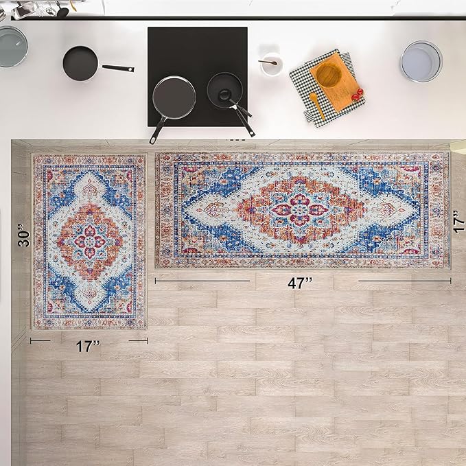 Boho Kitchen Mat Set of 2, Non Slip Blue Kitchen Rug for Floor,Vintage Farmhouse Outdoor Doormats Linen Runner Rug Washable Standing Mats for Entryway,Laundry,Office,Hallway 17”x30“+17'' x47''