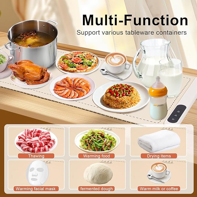Food Warming Mat Extra Large 36x16 Inch 580W Waterproof Heating Pad, 6-Temperature Levels & 6-Hour Timer, Buffet Warmer for Chafing Dishes, Parties, Catering, Countertop Use (Beige)