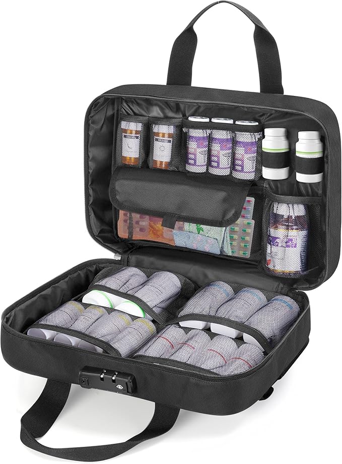 Damero Locking Pill Bottle Organizer, Medicine Storage Bag Medication Organizer Travel Carrying Case for Large Pill Bottles, Medications and Medical Supplies,Black