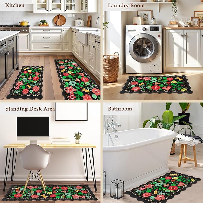 Scalloped Black Kitchen Mats for Floor 2PC Cushioned Anti Fatigue Kitchen Mats Rugs Waterproof Non Slip Farmhouse Boho Floral Comfort Foam Standing Mat for Sink Laundry