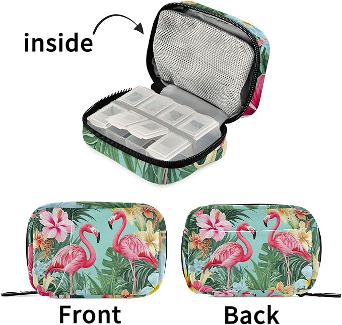 Tropical Flamingo Palm Leaves Pill Organizer Case Summer Floral 7 Day Travel Pill Box with Zipper Portable Weekly Vitamin Medicine Supplement Holder Pouch Bag
