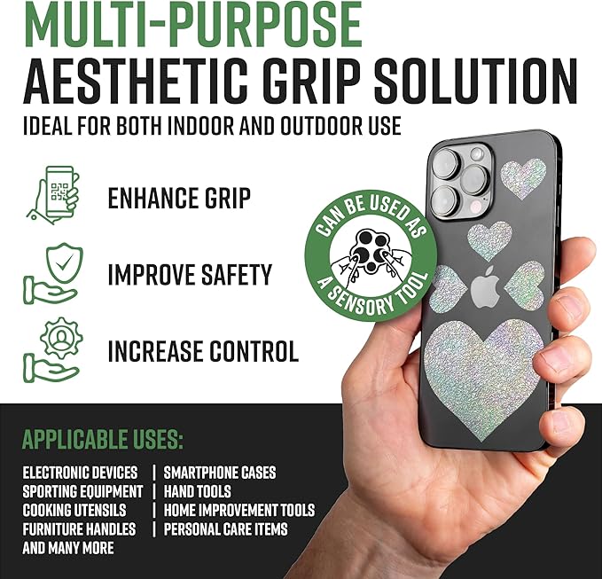 Dragon Grips Heart Stickers - 10 Pcs Holographic Heart-Shaped Rubberized Grip Stickers - Waterproof, Multi-Purpose, Non-Slip, Textured Cell Phone Grip Tape for Laptop, Mouse, Tablet, iPad, iPhone Case
