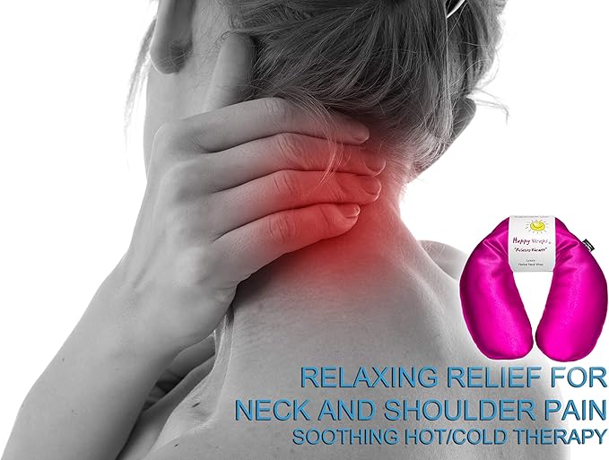 Microwavable Herbal Neck Wrap - Hot Cold Aromatherapy Neck Warming Pillow - Heating Pad for Migraines, Stress, Gifts for Women, Birthdays, Christmas and Free Sleep Mask - Hot Pink Satin