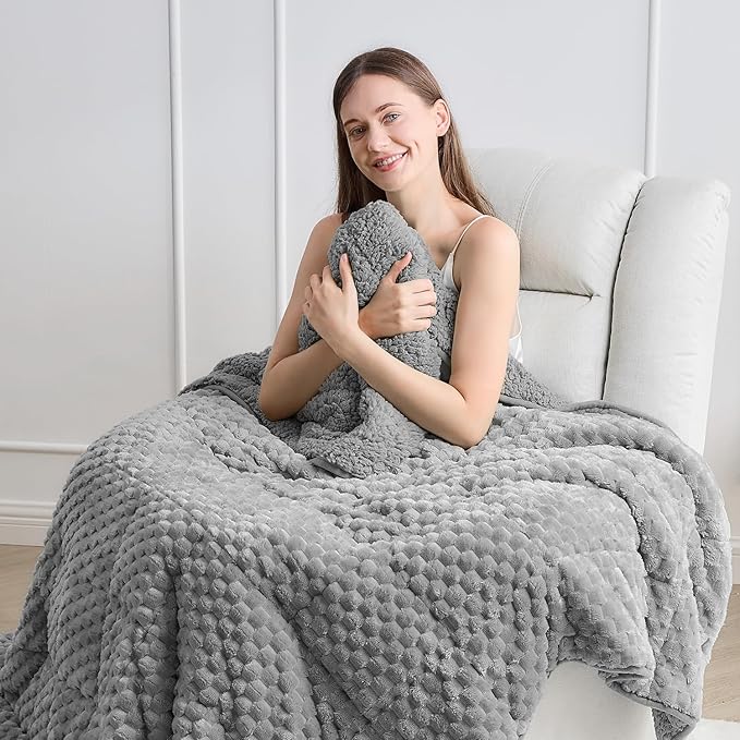 Wemore Fleece Weighted Blanket for Adults (60" x 80" 15lbs, Grey), Dual Sided Cozy Soft Sherpa Heavy Blanket, 3D Imitation Turtle Shell Warm Jacquard Flannel Weighted Blankets for Couch and Bed