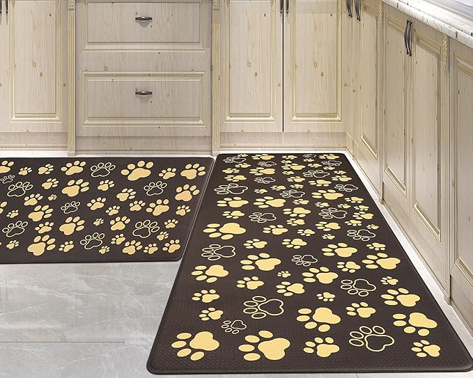 Black and Gold Kitchen Mats Cushioned Anti Fatigue Paws Print Kitchen Mats for Floor 2 Piece Waterproof Comfort Standing Mat for Desk, Sink, Stove, Laundry, 17"x30"+17"x47"