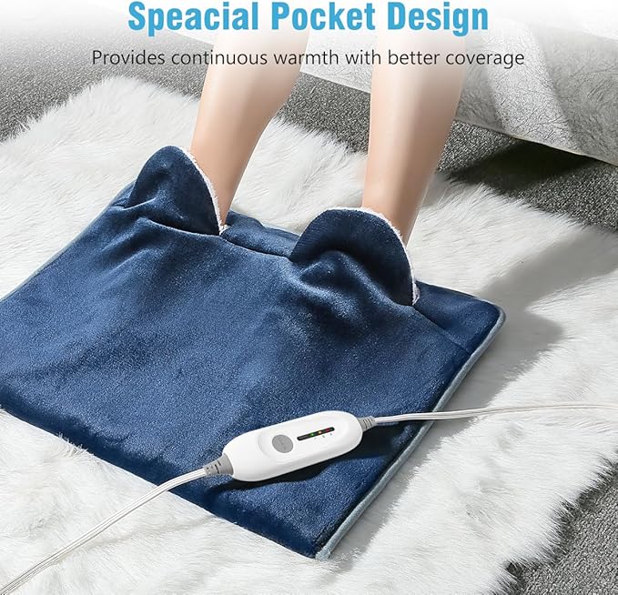 Electric Heated Foot Warmer Soft Flannel Foot Heater with 2h Auto Off & 3 Heat Levels Full Body Use Heating Pad for Feet Pain Relief, Pocket Design 16" x 22", Navy Blue