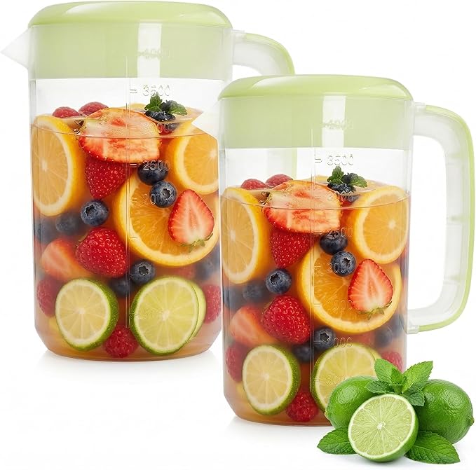 Jucoan 2 Pack 1 Gallon Plastic Pitcher with Lid, Clear Ice Tea Pitcher for Fridge, Large Water Carafe Jug Beverage Pitcher with 3 Position Pour Spout Lid, Handle,Scale for Home, Party