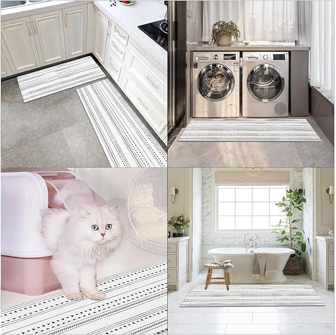 Arttown Black Anti-Fatigue Kitchen Rug Set of 2 White Arrow Trellis Cushioned Floor Standing Mat Waterproof Non-Slip Mat and PVC Ergonomic Comfort Foam Rug