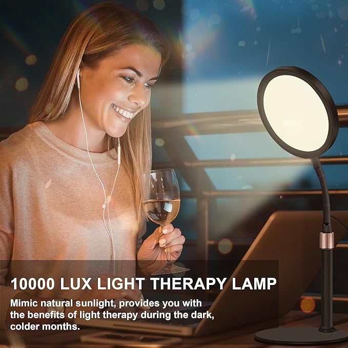 Light Therapy Lamp, UV-Free 10000 Lux Sun Therapy Light with 360° Gooseneck & 9 Brightness Happy Therapy Desk Lamp for Lift Mood (Black)