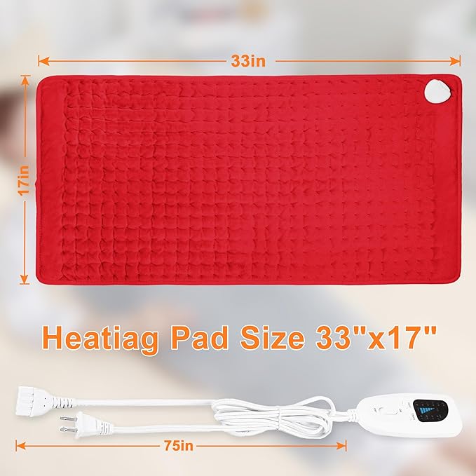 Deepsoon Heating Pad,Electric Heating Pads for Back,Neck,Abdomen,Moist Heating Pad for Shoulder,Knee,Arms,Legs,Dry/Moist Heat & Auto Shut Off,Christmas Gifts for Men and Women,Red,33x17 Inch