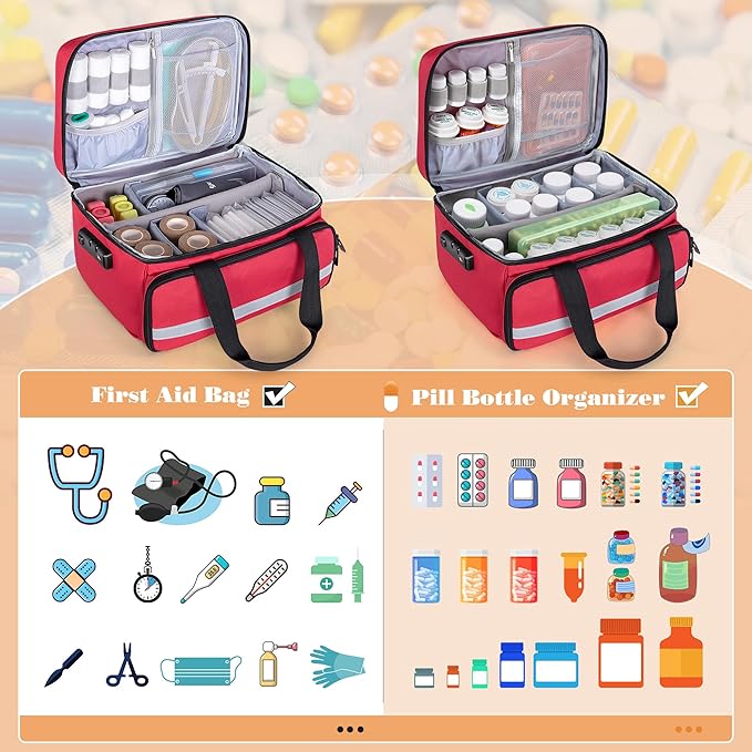 CURMIO Pill Bottle Organizer, Medicine Bag with Lock for Prescription Bottles and First Aid Kits, Red (Patented Design)