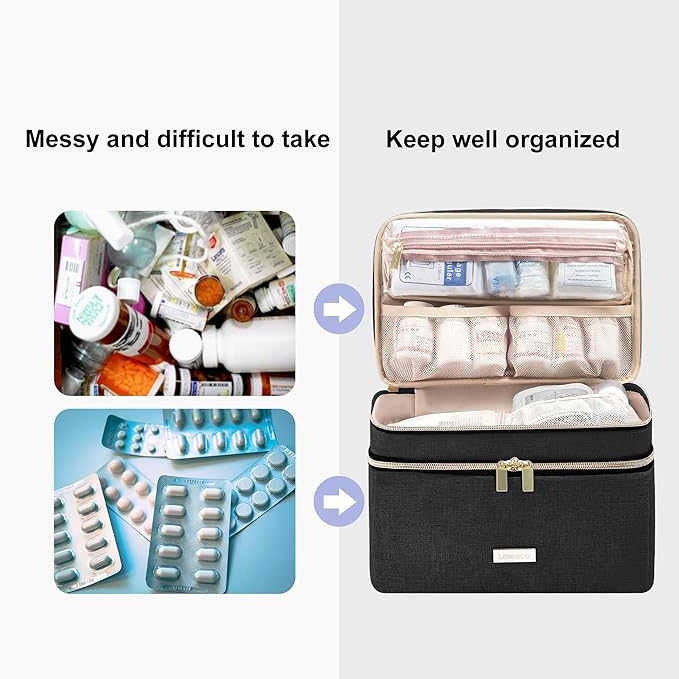 Medicine Storage Bag Pill Bottle Organizer with Portable Small Pouch Travel Medication Bottle Organizer for Emergency Home First Aid Box Kit (Black)