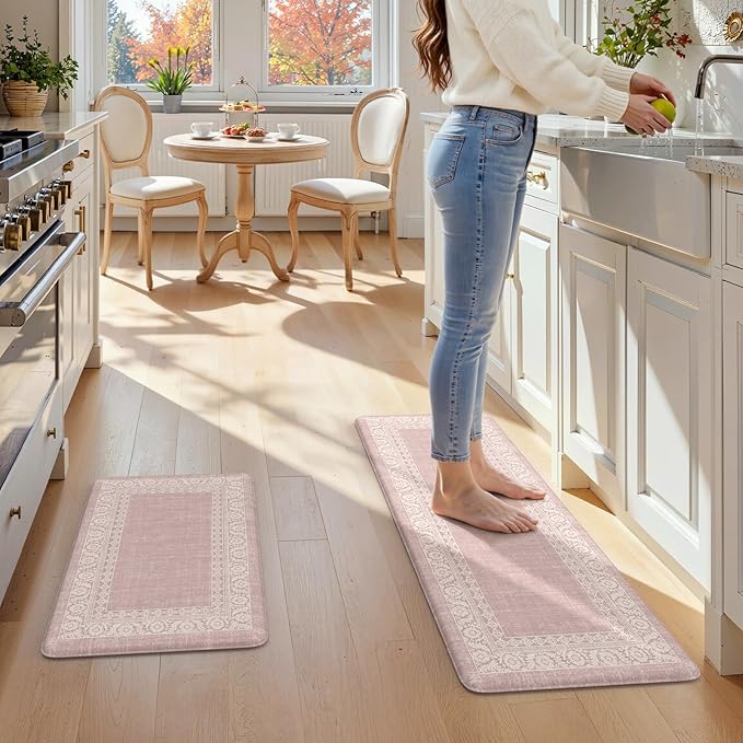 LEEVAN Pink Kitchen Mat Sets of 2,Anti Fatigue Cushioned Memory Foam Kitchen Mats for Floor,Farmhouse Ergonomic Waterproof Cute Boho Kitchen Floor Mat,Sink,Laundry,Home,Office(17''x29''+17''x47'')
