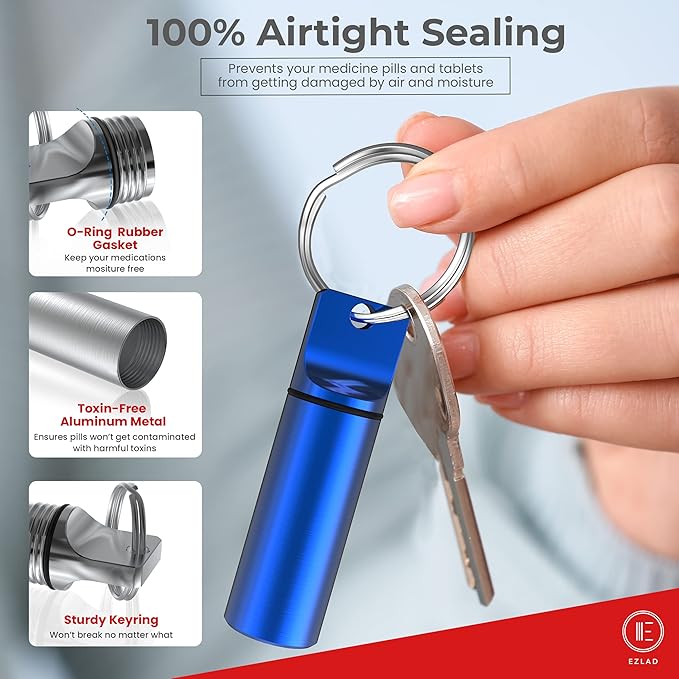 Keychain Pill Holder (5 Pack), Aluminum Waterproof Portable Small Travel Medicine Bottle Case Box Container for Purse, Mini Metal Capsule/Tablet Keeper Pocket Organizer for Men & Women