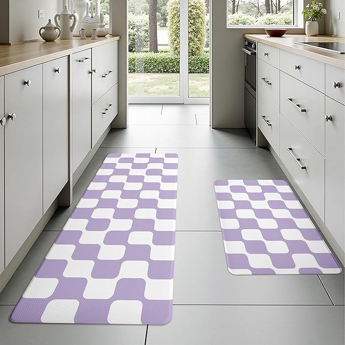 Modern Purple Retro Curvy Checkered Grid Checkerboard Kitchen Rug Sets [2 PCs], Anti-Fatigue, Waterproof Non-Slip Kitchen Mats Heavy Duty Comfort Foam Rug for Floor, Home, Laundry,17"x29"+17"x47"