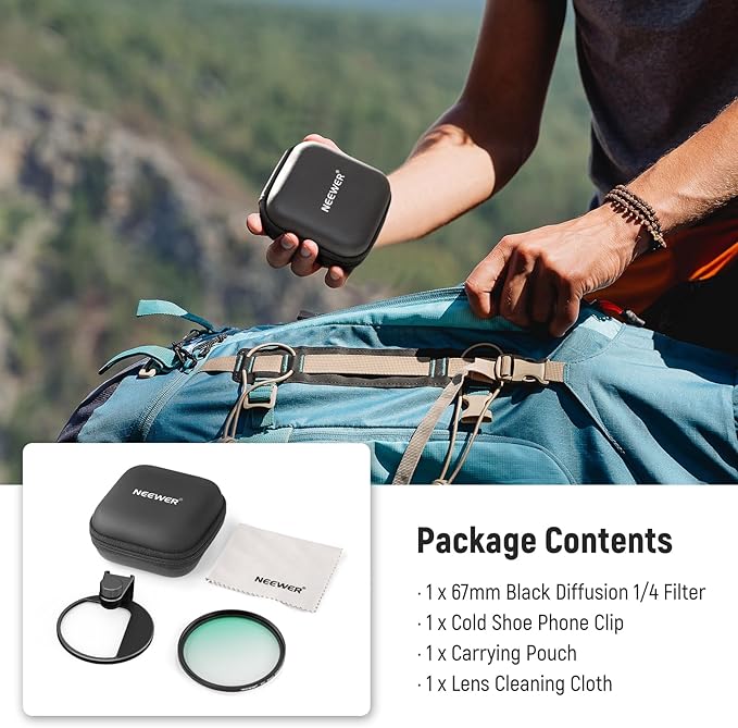 NEEWER 67mm 1/4 Black Diffusion Filter & Cold Shoe Phone Clip, Pouch & Lens Cleaning Cloth, Compatible with iPhone 17 16 16e 15 Pro Max Android Samsung Galaxy S25 Ultra