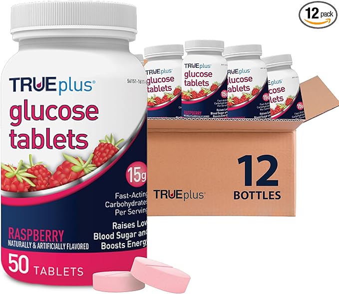 TRUEplus Glucose Tablets, Chewable, Raspberry Flavor, 15g Fast-Acting Carbohydrates, Fat Free, Gluten Free, Raise Low Blood Sugar and Boost Energy, 50 Count, 12 Bottles