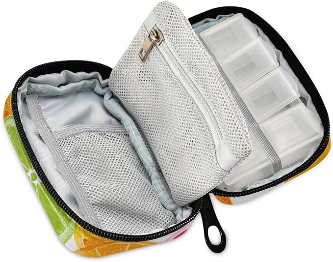 Multicolored Summer Citrus Slices Travel Pill Organizer Case Box Container Weekly Portable Vitamin Medicine Holder Storage Bag with Zipper Removable