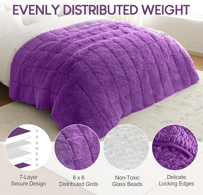 Cottonblue Weighted Blanket 20lbs 60x80 inches for Queen Bed, Faux Fur Sherpa Weighted Blanket for Adults, Plush Cozy Bed Blanket with Glass Beads for Calm and Relax, Purple