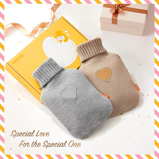 samply 2L Hot Water Bottle, 2 Packs Hot Water Bag with 2 Knitted Covers for Pain Relief, Birthday ldeas Gifts for Women, Daughter, Grandma, Sister, Wife (Grey&Khaki)