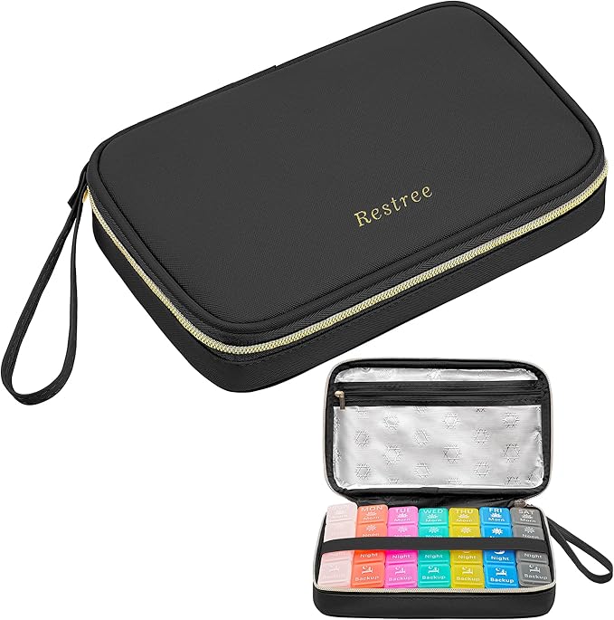 Restree Monthly Pill Organizer 28-Compartment Pill Case, 4 Times Daily Medication Container, Travel-Friendly Pill Box for Vitamins Supplements (Black)