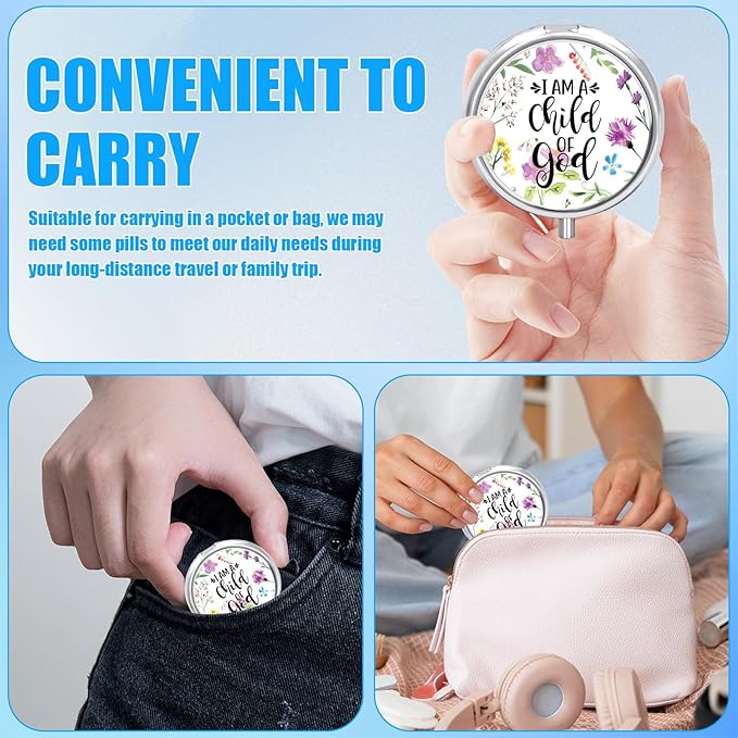 Christian God Pill Case,Bible Verse Pill Box 3 Compartments Metal Small Pill Holder with Mirror Mini Travel Pill Container for Purse Pocket Women Men