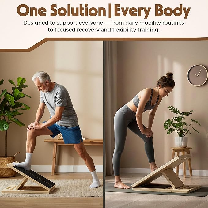Adjustable Wooden Slant Board for Calf Stretching, Squats & Physical Therapy – Portable Incline Stretch Board for Ankle, Knee, Heel & Foot Mobility with 2 Extra Sand Papers, Carry Bag & Mini Loop Band