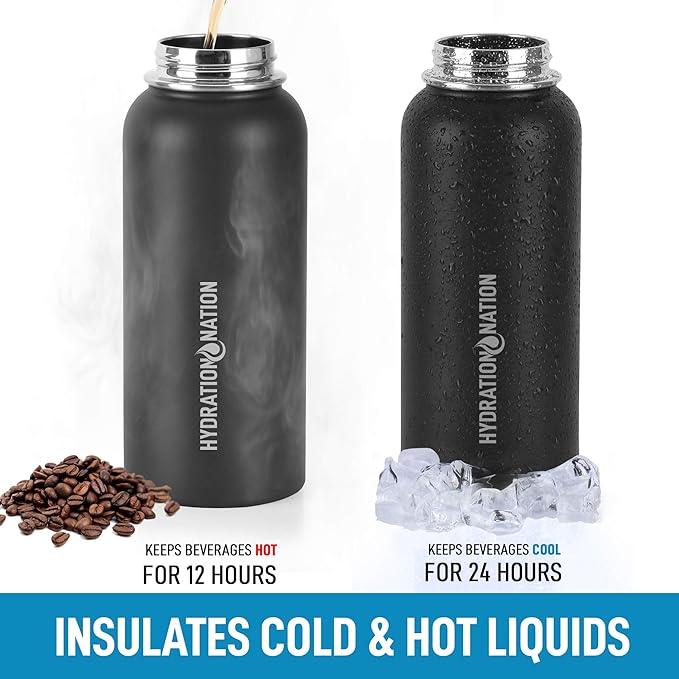 Hydration Nation 3 Lid Multi-Size Vacuum Insulated Water Bottles with Straw - Metal Water Bottle For Sports & Outdoor - Thermo Stainless Steel Water Bottle - Perfect for Hot & Cold Drinks (Black)