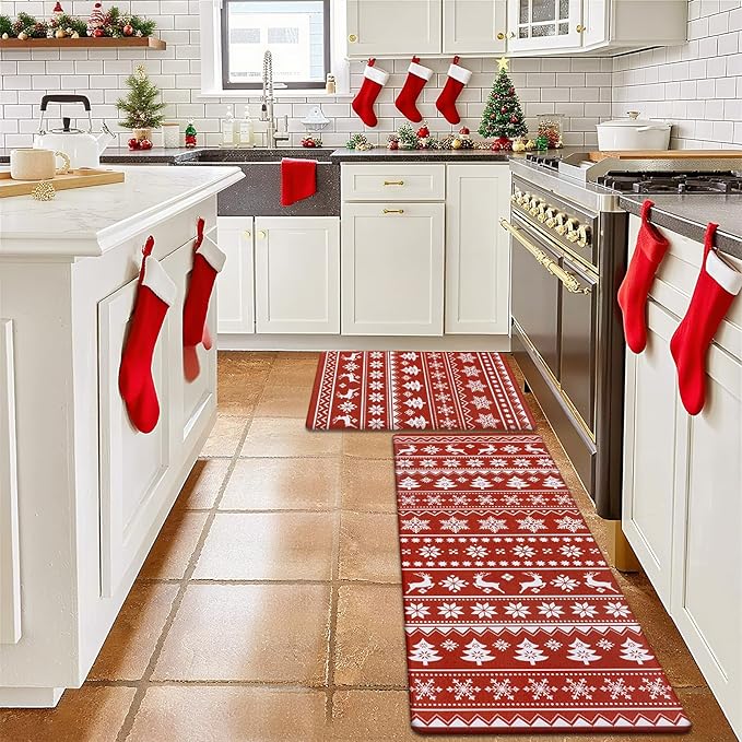 SHACOS Christmas Kitchen Rugs Set of 2 Anti-Fatigue Kitchen Mats Cushioned Red Mats White Deer Snowflakes Christmas Trees Boho Style Kitchen Mats and Rugs for Xmas 17x27.5+17x47, Boho Red