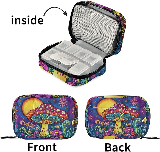 Fustylead 60s Hippie Colorful Art Mushroom Travel Pill Organizer Case Zipper for Purse with Removable Weekly Pill Box for Medicine, Vitamin, Supplement Medicine Organizer